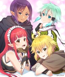  4girls :p abstract_background antenna_hair aqua_eyes aqua_hair argo_the_rat armpit_crease bare_shoulders black_cloak black_dress black_leotard black_scarf black_trim blonde_hair blunt_bangs blunt_ends breasts brown_cloak brown_eyes brown_gloves cloak closed_mouth commentary_request crop_top cropped_shirt dark-skinned_female dark_elf dark_skin double-parted_bangs dress earrings elf fingerless_gloves gloves green_jacket green_shirt hair_between_eyes hair_ornament hairclip hand_up highres jacket jewelry kizmel leotard long_sleeves looking_at_viewer lower_teeth_only lying medium_breasts medium_hair messy_hair multicolored_jacket multicolored_leotard multiple_girls on_stomach open_clothes open_jacket parallel_hairclips parted_bangs pink_background pointy_ears purple_hair rain_(sao) red_eyes scarf shirt sidelocks single_glove sinon sleeveless sleeveless_dress smile sword_art_online sword_art_online:_alicization sword_art_online:_lost_song sword_art_online_progressive teeth time_paradox tongue tongue_out tu_tora2 turtleneck turtleneck_dress two-tone_dress two-tone_jacket two-tone_leotard two-tone_scarf violet_eyes white_background white_dress white_jacket white_leotard white_scarf yellow_eyes yellow_trim 