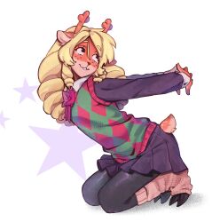  1girl absurdres antlers arms_behind_back black_pantyhose black_shirt black_skirt blonde_hair brown_leg_warmers checkered_sweater_vest collar deer_tail deltarune green_sweater_vest highres hooves horns leg_warmers looking_back miniskirt neckerchief noelle_holiday pantyhose purrpranolol red_neckerchief red_sweater_vest reindeer_antlers reindeer_girl seiza shirt sitting skirt smile solo star_(symbol) star_symbol_background steepled_fingers sweater_vest tail utdr_(toby_fox) white_background white_collar white_wrist_cuffs wrist_cuffs 