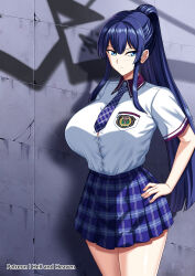  1girl aomiya_mizuha artist_name blue_eyes blue_hair blue_necktie blue_skirt blush breasts button_gap closed_mouth collared_shirt cowboy_shot hand_on_own_hip hellandheaven highres huge_breasts juukon_sentai_juusoldier large_breasts large_variant_set long_hair looking_at_viewer miniskirt necktie paid_reward_available patreon_username plaid_clothes plaid_necktie plaid_skirt pleated_skirt ponytail school_uniform shirt shirt_tucked_in short_sleeves sidelocks skirt solo standing tented_shirt thighs variant_set white_shirt 