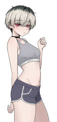  1girl absurdres bare_arms bare_legs bare_shoulders belly blonde_hair bra calvin_klein choker closed_mouth guwall hand_up highres light_blush looking_at_viewer original red_eyes short_hair short_shorts shorts solo solo_focus underwear very_short_hair white_background 
