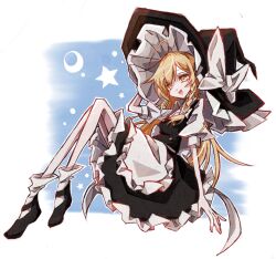  1girl :d ahoge apron black_hat black_shoes black_vest blonde_hair bow braid canvas_texture commentary_request crayon_(medium) full_body half-closed_eyes hat hat_bow highres kirisame_marisa long_hair mary_janes reclining shoes side_braid single_braid skirt smile socks solo star_(symbol) star_symbol_background touhou traditional_media two-tone_background user_dpgf7477 vest waist_apron white_apron white_bow white_socks witch_hat yellow_eyes 