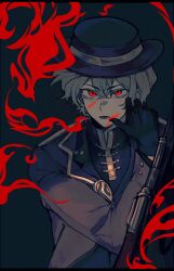  1boy akinori9013 black_background black_gloves black_shirt blood blood_on_face coat commentary fedora gloves gold_trim gun hat highres jacket limbus_company limited_palette male_focus muted_color project_moon red_eyes red_theme rifle shirt short_hair simple_background sinclair_(project_moon) smoke solo thumb_(identity)_(project_moon) untranslatable_commentary weapon wiping_blood wiping_face wiping_mouth 