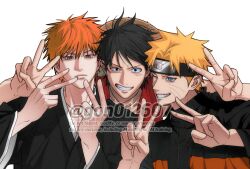  2boys absurdres arm_around_shoulder black_eyes black_hair black_headband black_kimono bleach blonde_hair blue_eyes brown_eyes closed_mouth double_v facial_mark furrowed_brow gon012607 grin hair_between_eyes headband highres jacket japanese_clothes kimono konohagakure_symbol kurosaki_ichigo male_focus monkey_d._luffy multiple_boys naruto_(series) naruto_shippuuden one_eye_closed one_piece orange_hair orange_jacket parted_bangs parted_lips red_vest scar scar_on_cheek scar_on_face shihakusho short_hair smile spiky_hair stitched_face stitches teeth twitter_username upper_body uzumaki_naruto v vest whisker_markings white_background 