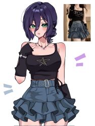  1girl alternate_costume bare_shoulders black_shirt black_sleeves blue_skirt blush breasts chainsaw_man commentary cowboy_shot crop_top denim denim_skirt detached_sleeves english_commentary frilled_skirt frills green_eyes hair_between_eyes hair_bun hand_on_own_chest highres jewelry looking_at_viewer medium_breasts medium_hair midriff_peek miovartz necklace parted_lips purple_hair reference_inset reze_(chainsaw_man) shirt skirt sleeveless sleeveless_shirt solo updo white_background 