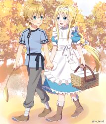  1boy 1girl :d alice_zuberg ankle_boots aqua_eyes artist_name autumn basket black_trim blonde_hair blue_eyes blue_shirt blurry blurry_background boots braid braided_ponytail brown_boots child closed_mouth commentary_request couple double-parted_bangs dress eugeo frilled_dress frills grey_pants hair_between_eyes hair_ribbon hetero highres holding holding_basket holding_hands knee_boots long_hair long_sidelocks looking_at_another medium_dress open_mouth pants ribbon shirt short_hair short_sleeves sidelocks smile sword_art_online sword_art_online:_alicization tu_tora2 twitter_username two-tone_dress walking watermark white_dress white_ribbon 