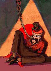  absurdres black_bow black_bowtie black_hat black_pants black_shoes blue_eyes bow bowtie buttons caine_(the_amazing_digital_circus) chain chain_leash eye_in_mouth full_body green_eyes grey_socks hat heterochromia highres knee_up knees_apart_feet_together lapels leash looking_at_viewer looking_up open_mouth pants red_tailcoat shirt shoes sitting socks teeth the_amazing_digital_circus top_hat white_shirt zhangzhang_7t 