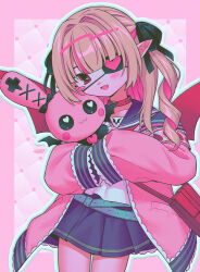  1girl absurdres bag black_ribbon black_skirt blush blush_stickers brown_hair cardigan collar collarbone commentary_request debitto_(makaino_ririmu) eyepatch fang hair_ribbon highres long_hair long_sleeves makaino_ririmu makaino_ririmu_(4th_costume) menma_(enaic31) neckerchief nijisanji open_mouth pink_cardigan pleated_skirt pointy_ears red_bag red_collar red_eyes red_neckerchief ribbon ringlets single_blush_sticker skin_fang skirt sleeves_past_fingers sleeves_past_wrists solo virtual_youtuber 
