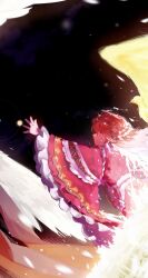  1girl a0s0l braid commentary cross-laced_clothes cross-laced_dress dress english_commentary frilled_dress frills from_side grin half_up_braid highres hololive hololive_english long_hair official_alternate_costume official_alternate_hairstyle orange_dress orange_hair outstretched_arm reaching smile solo sun takanashi_kiara_(drawn_to_dawn) violet_eyes wide_sleeves 