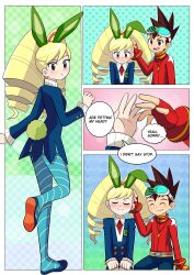  1boy 1girl absurdres animal_ears blonde_hair blue_dress blue_pantyhose blush brown_hair closed_eyes commission dress drill_hair eyewear_on_head fingerless_gloves geo_stelar_(mega_man) gloves highres long_hair luna_platz_(mega_man) mega_man_(series) mega_man_star_force_(series) multiple_views pantyhose petting rabbit_ears rabbit_tail sitting smile stardust_epic striped_clothes striped_pantyhose tail twin_drills 