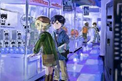  4boys antenna_hair bag baseball_cap basil_(birthday)_(omori) basil_(faraway)_(omori) basil_(omori) black_bag black_eyes black_hair blonde_hair blue_eyes blue_jacket blue_pants boots brothers brown_bag brown_boots brown_hair brown_hat brown_pants camouflage camouflage_shorts cardigan character_bag character_doll checkered_floor closed_mouth clothes_grab collared_jacket crane_game denim denim_jacket doll double-parted_bangs green_cardigan grey_hat hair_between_eyes hat hero_(birthday)_(omori) hero_(faraway)_(omori) hero_(omori) highres hood hood_down hood_grab hoodie indoors jacket kel_(birthday)_(omori) kel_(faraway)_(omori) kel_(omori) long_sleeves looking_at_another male_focus multiple_boys newsboy_cap nofu_no0004 official_alternate_costume omori open_clothes open_jacket orange_hoodie pants parted_lips short-sleeved_jacket short_hair short_sleeves shorts siblings sidelocks something_(omori) stuffed_toy sunny_(birthday)_(omori) sunny_(omori) tomatogirl_(omori) 
