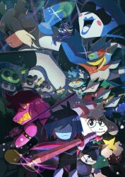  1other 4girls 6+boys absurdres androgynous animal_ears antenna_hair antlers armlet axe backwards_hat baseball_cap berdly_(deltarune) bird_boy black_hat blonde_hair blue_hat blue_lips blue_necktie blue_skin blue_suit blue_tongue bracelet buck_teeth cap'n_(deltarune) cape cloak closed_eyes closed_mouth colored_skin colored_teeth colored_tongue commentary_request deer_ears deltarune evil_smile eyepatch fang fangs freckles furry furry_female furry_male glasses green-framed_eyewear grin hat highres holding holding_axe holding_sword holding_weapon horns humanoid_robot jewelry k_k_(deltarune) kris_(dark_world)_(deltarune) kris_(deltarune) lancer_(deltarune) long_hair long_sleeves looking_at_viewer multiple_boys multiple_girls necktie no_eyes noelle_holiday noelle_holiday_(dark_world) open_mouth pink_scarf pirate_hat purple_hair purple_skin queen_(deltarune) ralsei red_cape red_necktie red_suit reindeer_antlers reindeer_girl robot round_eyewear rouxls_kaard scarf shaded_face sharp_teeth short_hair skin_fang skin_fangs smile spiked_armlet spiked_bracelet spikes suit sunglasses susie_(dark_world)_(deltarune) susie_(deltarune) swatchling_(deltarune) sweet_(deltarune) sword tasque_manager teeth tongue tongue_out utdr_(toby_fox) watawata22 weapon white_cloak white_hair yellow_necktie yellow_suit yellow_teeth 
