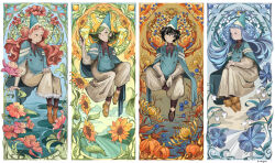  4girls agott_arklaum_(tongari_boushi_no_atelier) autumn black_hair black_leggings blue_eyes blue_hair boots brown_boots chrysanthemum cloak closed_mouth coco_(tongari_boushi_no_atelier) flower green_eyes green_hair hat hibiscus highres leggings lily_of_the_valley lily_pad long_hair morning_glory multiple_girls pink_eyes pink_hair procreate_(medium) pumpkin qifrey's_atelier_apprentice_uniform richeh_(tongari_boushi_no_atelier) short_hair sitting smile spring_(season) summer sunflower tassel tetia_(tongari_boushi_no_atelier) tongari_boushi_no_atelier valley violet_eyes winter zoinyoi 