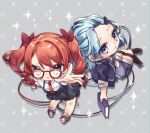  2girls :o black_footwear black_shorts black_skirt blue_eyes blue_hair blue_jacket blue_shirt book boots brown_footwear brown_hair chibi closed_mouth collared_shirt forehead frederica_nikola_tesla glasses grey_background hair_intakes hair_ornament hairclip highres holding holding_book honkai_(series) honkai_impact_3rd iran_stn jacket knee_boots lieserl_albert_einstein long_sleeves multiple_girls necktie open_clothes open_jacket parted_lips pleated_skirt puffy_short_sleeves puffy_sleeves red-framed_eyewear red_eyes red_necktie shirt short_sleeves shorts skirt twintails white_shirt 