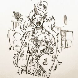  2girls alternate_costume chain closed_eyes commentary_request cuffs facing_viewer horns hoshiguma_yuugi hug japanese_clothes kimono long_hair menotama mizuhashi_parsee multi-source_commentary multiple_girls oni open_mouth pointy_ears print_kimono shackles short_hair single_horn speech_bubble touhou traditional_media translation_request very_long_hair wide_sleeves yawning yukata yuri 