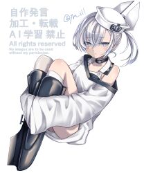  1girl absurdres black_one-piece_swimsuit commentary_request dace_(kancolle) dixie_cup_hat grey_eyes grey_hair hat headgear highres kantai_collection knees_up looking_at_viewer military_hat one-piece_swimsuit shirt side_ponytail simple_background single_thighhigh sleeves_past_fingers sleeves_past_wrists solo swimsuit swimsuit_under_clothes thigh-highs translation_request twitter_username two-tone_one-piece_swimsuit white_background white_hat white_shirt ym_1221 