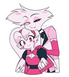  1boy 1girl angel_dust belt black_belt black_choker black_sclera black_sleeves bow bowtie brother_and_sister choker circle_facial_mark closed_mouth colored_inner_hair colored_sclera commentary_request cropped_torso dress elbow_gloves facial_mark fang fewer_digits flat_color furry furry_female furry_male gloves hairband half-closed_eyes hand_on_another's_shoulder hand_on_own_hip hazbin_hotel head_rest heart height_difference hellaverse highres lapels long_hair looking_at_viewer looking_down menma_(enaic31) mismatched_sclera molly_(hazbin_hotel) multicolored_hair pink_bow pink_bowtie pink_dress pink_eyes pink_gloves pink_hair pink_hairband pink_shirt pink_wings puffy_short_sleeves puffy_sleeves raised_eyebrow shirt short_sleeves siblings signature simple_background smile striped_clothes striped_shirt tareme traditional_bowtie tsurime twins two-tone_hair two-tone_shirt two-tone_wings v-shaped_eyebrows white_background white_fur white_gloves white_hair white_shirt white_wings wings 