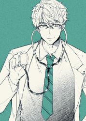 1boy arurandeisu commentary doctor glasses green_background green_necktie highres hikariemochi holding holding_stethoscope holostars male_focus necktie smile solo stethoscope striped_clothes striped_necktie untranslatable_commentary 