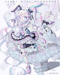  1girl ;d alice's_adventures_in_wonderland animal_ears blonde_hair blue_bow blue_eyes blue_hair blue_shoes bow chouzetsusaikawa_tenshi-chan clock commentary cosplay crown dress english_commentary frilled_dress frills full_body gloves hand_up heart highres holding holding_wand index_finger_raised long_hair looking_at_viewer magical_girl multicolored_hair needy_girl_overdose official_alternate_costume official_art one_eye_closed open_mouth outline pink_bow pink_hair pink_shoes purple_bow quad_tails rabbit_ears shoes smile socks solo standing standing_on_one_leg usagi_nui v wand white_dress white_gloves white_outline white_rabbit_(alice_in_wonderland) white_rabbit_(alice_in_wonderland)_(cosplay) white_socks zoom_layer 