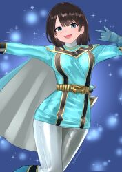  1girl :d \m/ absurdres animification belt belt_buckle black_hair blue_background blue_bodysuit blue_boots blue_cape blue_eyes blue_gloves blue_skirt blue_theme bodysuit boots breasts buckle cape commentary cowboy_shot cycloneactionx gloves gold_belt gold_trim high_collar highres legs_together looking_at_viewer magiblue magistick mahou_sentai_magiranger medium_breasts medium_hair miniskirt missing_headwear open_mouth outstretched_arms ozu_urara paid_reward_available pantyhose skirt smile solo sparkle_background super_sentai tokusatsu twitter_username weapon white_pantyhose 