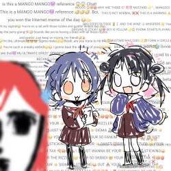  3girls 67_(meme) black_hair black_pantyhose blue_hair blurry blurry_foreground brown_dress cardigan col_person colored_inner_hair completely_unamused double_bun dress fang hair_bun hasu_no_sora_school_uniform highres kinjou_maika link!_like!_love_live! long_hair long_sleeves love_live! meme multicolored_hair multiple_girls neckerchief open_cardigan open_clothes open_mouth pantyhose pink_hair pleated_dress purple_cardigan red_hair red_neckerchief reizawa_aoi sailor_collar sailor_dress school_uniform shirin_mion skin_fang text_background twintails unamused virtual_youtuber white_sailor_collar winter_uniform zoomer_slang 