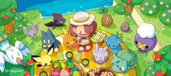  1girl :o absurdres apple apple_core aqua_eyes aspear_berry azurill berry_(pokemon) bright_pupils brown_hair bulbasaur bush chasing cheri_berry closed_mouth commentary cup day diglett ditto drifloon drink eating english_commentary fang fangs female_protagonist_(pokemon_pokopia) floating flower flower_bush food food_bite fruit goomy grass green_tea hair_over_one_eye hat highres holding holding_food holding_fruit holding_sandwich in_tree incredibly_absurdres leppa_berry lettuce mago_berry minccino munchlax open_mouth oran_berry outdoors pecha_berry pichu picnic pink_flower pokemon pokemon_(creature) pokemon_focus pokemon_pokopia purple_shirt rawst_berry reapster_(tdwg3572) red_eyes rock sandwich shirt shoes short_sleeves sitting smile solid_circle_eyes solid_oval_eyes tea tearing_up torchic transformed_ditto tree twintails twitter_username water white_hat white_pupils wingull yellow_shoes zorua |_| 