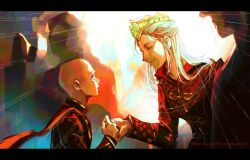  1boy 1girl a_knight_of_the_seven_kingdoms a_song_of_ice_and_fire aegon_v_targaryen bald black_dress black_jacket closed_eyes crown dress english_commentary eriochromatic formal_clothes glowing grin highres house_of_the_dragon jacket long_hair long_sleeves rhaenyra_targaryen smile teeth violet_eyes white_hair 