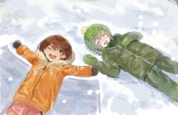 2boys alternate_costume basil_(faraway)_(omori) basil_(omori) black_eyes blonde_hair brown_hair brown_mittens closed_eyes coat dark-skinned_male dark_skin double-parted_bangs green_coat green_hat green_mittens green_pants hair_between_eyes hat highres hood hood_down kel_(faraway)_(omori) kel_(omori) long_sleeves lying male_focus mittens multiple_boys nofu_no0004 omori on_back one_eye_closed open_mouth orange_coat pants snow snowing teeth tongue upper_teeth_only zipper zipper_pull_tab 