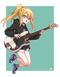  1girl amelia_hamilton_(ikune_juugo) black_hoodie blonde_hair blouse blue_eyes blue_shoes character_request check_character check_copyright copyright_request denim denim_shorts drawstring glasses green_background highres hood hoodie ikune_juugo open_mouth original outside_border ponytail round_eyewear shirt shoes shorts sidelocks socks solo striped_clothes striped_socks white_background white_shirt white_shoes 