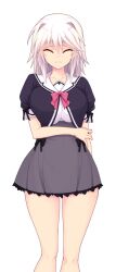  1girl arisia_hellioxenes bow breasts closed_eyes closed_mouth collarbone facing_viewer frown game_cg grey_skirt hair_between_eyes hair_intakes hand_on_own_arm kourin_tenshi_en_ciel_rena lace lace-trimmed_skirt lace_trim large_breasts large_variant_set long_hair miniskirt non-web_source official_art pink_bow pleated_skirt puffy_short_sleeves puffy_sleeves sailor_collar saitou_natsuki school_uniform self-datamine short_sleeves simple_background skirt solo standing straight-on suhamaya tachi-e transparent_background variant_set wavy_mouth white_hair 