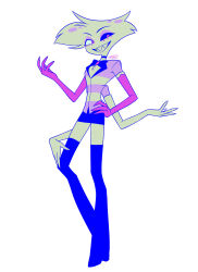  1boy :d absurdres angel_dust blue_boots blue_bow blue_bowtie blue_choker blue_sclera blue_skirt boots bow bowtie brooch choker colored_sclera commentary_request crossdressing crossdressing_(mtf) elbow_gloves extra_arms eyeshadow facial_mark fewer_digits from_below full_body furry furry_male gloves grin hand_on_own_hip hand_on_own_knee hand_up hazbin_hotel hellaverse high_heel_boots high_heels highres jewelry knees_apart_feet_together makeup male_focus menma_(enaic31) miniskirt mismatched_sclera no_nose pencil_skirt pink_eyes pink_eyeshadow pink_gloves pink_shirt sharp_teeth shirt signature simple_background skirt smile solo standing standing_on_one_leg striped_clothes striped_shirt teeth thigh_boots traditional_bowtie two-tone_shirt v-shaped_eyebrows white_background white_fur white_gloves white_shirt zettai_ryouiki 