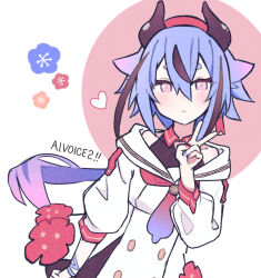  1other a.i._voice bare_shoulders beret black_horns black_streaks blue_hair blue_nails blue_necktie blue_ribbon buttons closed_mouth collar collarbone commentary contrast_collar double-breasted double-parted_bangs dress expressionless floating_hair flower gradient_hair gradient_necktie hair_flaps hat heart horned_hat horns leaning_to_the_side light_blush long_hair low_ponytail meika_mikoto meika_mikoto_(a.i._voice_2) multicolored_hair multicolored_nails multicolored_necktie nail_polish necktie off-shoulder_dress off_shoulder pink_background pink_eyes pink_hair plum_blossoms ponytail puffy_sleeves red_collar red_hat red_nails red_necktie ribbon sailor_collar short_eyebrows sidelocks solo streaked_hair sukenoota three-quarter_sleeves two-tone_background upper_body v very_long_hair vocaloid white_background white_dress white_sailor_collar wrist_ribbon 