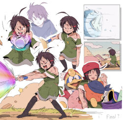  1girl 3boys adeleine ahoge bandana bandana_waddle_dee bendedede beret black_eyes black_hair black_thighhighs blue_bandana closed_eyes commentary english_commentary hair_ornament hairclip hat holding holding_paintbrush king_dedede kirby kirby_(series) meta_knight multiple_boys one_eye_closed open_mouth paintbrush red_hat smile teeth thigh-highs tongue upper_teeth_only 
