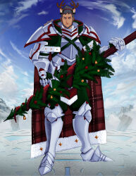  1boy alternate_costume beard black_hair christmas christmas_tree elvenknight facial_hair fake_antlers fire_emblem fire_emblem_engage fire_emblem_heroes grey_armor highres male_focus mature_male mauvier_(fire_emblem) short_hair 