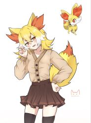  1girl :3 :d animal_ear_fluff animal_ears artist_logo artist_name black_thighhighs blonde_hair blush breasts brown_eyes brown_shirt brown_skirt claw_pose collarbone commentary cowboy_shot creature_and_personification curled_fingers double-parted_bangs dress_shirt eyelashes fangs fennekin fox_ears fox_girl gradient_hair hair_between_eyes hand_on_own_hip hand_up head_tilt highres hikimayu logo long_sleeves looking_at_viewer lower_teeth_only miniskirt multicolored_hair open_mouth orange_streaks personification pleated_skirt pokemon pokemon_(creature) riritsune shirt short_eyebrows signature simple_background skindentation skirt small_breasts smile solo standing streaked_hair teeth thick_eyebrows thigh-highs white_background white_hair zettai_ryouiki 