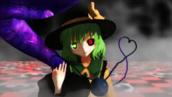  1girl black_sclera blouse checkered_floor colored_sclera commentary_request eyeball furui glowing glowing_eye glowing_eyes green_eyes green_hair hat hat_ribbon head_tilt heart heart_of_string heterochromia highres komeiji_koishi long_sleeves looking_at_viewer mikumikudance_(medium) red_eyes ribbon shirt short_hair smile solo third_eye touhou upper_body wide_sleeves 
