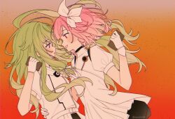 2girls commentary_request dress eye_contact gloves gradient_background green_hair hair_ribbon hand_on_another's_waist highres holding holding_phone kusanagi_nene long_hair looking_at_another multiple_girls ootori_emu open_mouth orange_background phone pink_eyes pink_hair project_sekai ribbon short_hair smile the_coconutnut violet_eyes white_dress white_gloves white_ribbon yuri 
