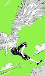  1boy blonde_hair c19281967 capri_pants clouds commentary donquixote_doflamingo feather_coat feathered_wings green_theme greyscale_with_colored_background grin highres leg_hair male_focus midair one_piece pants shirt short_hair smile sunglasses untranslatable_commentary white_shirt wings 