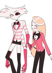  1boy 1girl :d ^_^ absurdres angel_dust arms_at_sides black_bow black_bowtie black_choker black_nails black_pants black_sclera black_skirt black_thighhighs blonde_hair bow bowtie brooch buttons charlie_morningstar choker circle_facial_mark closed_eyes colored_sclera commentary_request cowboy_shot elbow_gloves eyeshadow facial_mark facing_another feet_out_of_frame fewer_digits flat_color furry furry_male gloves grin hair_tie hazbin_hotel height_difference hellaverse highres holding_hands jacket jewelry knees_apart_feet_together layered_sleeves long_hair long_sleeves looking_at_another looking_down low-tied_long_hair makeup menma_(enaic31) miniskirt mismatched_sclera multicolored_hair nail_polish pants pencil_skirt pink_eyeshadow pink_jacket pink_shirt prototype_design red_eyes red_gloves shirt signature simple_background skirt smile sparkle streaked_hair striped_clothes striped_shirt sweatdrop swept_bangs thigh-highs traditional_bowtie turtleneck turtleneck_shirt two-tone_hair v-shaped_eyebrows very_long_hair white_background white_fur white_shirt white_streaks zettai_ryouiki 
