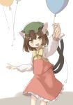  1girl animal_ears balloon blush brown_eyes brown_hair cat_ears cat_girl cat_tail chen hat highres keyakko looking_at_viewer mob_cap short_hair simple_background solo tail touhou white_background 