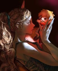  1girl blonde_hair chainsaw_man commentary_request demon_horns denji_(chainsaw_man) eyepatch highres hkhvita holding holding_stuffed_toy horns long_hair orange_eyes ponytail power_(chainsaw_man) simple_background stuffed_toy 