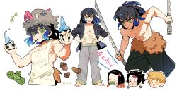  1girl 3boys acorn agatsuma_zenitsu barefoot black_hair black_jacket blonde_hair blue_hair closed_mouth commentary dual_wielding earrings green_eyes grey_pants hanafuda_earrings hashibira_inosuke highres holding holding_sword holding_weapon jacket jewelry kamado_nezuko kamado_tanjirou kimetsu_no_yaiba leaf multiple_boys muscular muscular_male open_mouth pants simple_background sword unnnnopopo untranslatable_commentary weapon white_background 