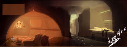  amarr_empire_(eve_online) bed black_boots black_bra black_panties boots bottle bra brown_theme chair commentary cruiser_(eve_online) doorway english_commentary eve_online footprints glowing gun handgun highres hologram holster indoors minmatar_republic_(eve_online) mrpheenox no_humans panties pillow scenery science_fiction sheath sheathed stabber_(eve_online) stairs steam table thukker_mix_(eve_online) underwear unworn_boots unworn_bra unworn_panties weapon 