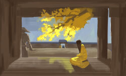  1boy 1girl 4others absurdres blue_sky brown_hair conical_hat dress from_behind highres holding holding_sword holding_weapon long_hair low_detail multiple_others on_floor original pixiv_banner scenery sitting sky sword t-w_(pixiv_25759874) tile_wall tiles weapon wooden_floor wooden_porch wooden_wall yellow_dress yellow_leaves 