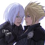  2boys armor black_jumpsuit black_shirt black_turtleneck blonde_hair chest_harness child cloud_strife dissidia_final_fantasy dissidia_final_fantasy_opera_omnia earrings english_text final_fantasy final_fantasy_vii final_fantasy_vii_advent_children forward green_eyes grin harness high_collar highres implied_yaoi jewelry jumpsuit kadaj leaning male_focus messy_hair multiple_boys open_mouth parted_lips shirt short_hair shoulder_armor slit_pupils smile spiky_hair straight_hair turtleneck white_background white_hair 