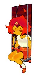 1girl adventure_time blush colored_skin discount-supervillain elemental_(creature) fiery_hair fire fire_elemental flame_princess forehead_jewel highres looking_at_viewer official_alternate_hairstyle on_swing orange_skin red_hair shirt shoes shorts sitting smile socks solo swing t-shirt toon_(style) 