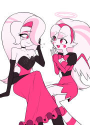  1boy 1girl :d absurdres angel_dust arms_at_sides bare_shoulders belt black_belt black_choker black_gloves black_pantyhose black_sleeves blush body_freckles bow bowtie brother_and_sister choker circle_facial_mark closed_mouth collarbone colored_inner_hair commentary_request crossdressing crossdressing_(mtf) curtained_hair dress elbow_gloves extra_arms extra_legs eye_contact eyeshadow facial_mark feet_out_of_frame fewer_digits fingerless_gloves flat_color flying_sweatdrops freckles frilled_dress frills furry furry_female furry_male gloves gradient_hair hairband halo hand_up hands_up hazbin_hotel heart heart_facial_mark heart_print hellaverse highres horns invisible_chair kneehighs long_dress long_hair looking_at_another makeup menma_(enaic31) molly_(hazbin_hotel) multicolored_hair no_nose official_alternate_costume open_mouth own_hands_together pantyhose pink_bow pink_bowtie pink_dress pink_eyes pink_eyeshadow pink_gloves pink_hair pink_hairband pink_socks pink_streaks puffy_short_sleeves puffy_sleeves raglan_sleeves raised_eyebrows raised_inner_eyebrows short_dress short_sleeves shoulder_freckles siblings signature simple_background sitting smile socks steepled_fingers streaked_hair striped_clothes striped_socks tareme traditional_bowtie trap twins two-tone_hair very_long_hair white_background white_fur white_hair white_halo white_socks 