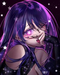  1girl absurdres bare_shoulders black_dress commentary dress heart highres hoshino_ai_(oshi_no_ko) long_hair one_eye_closed open_mouth oshi_no_ko pink_eyes pink_hair ringeko-chan solo sparkle star_(symbol) star_in_eye symbol_in_eye v violet_eyes 