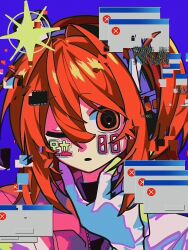  1girl a.i._voice absurdres adachi_rei blue_background commentary_request glint glitch gloves hair_between_eyes hair_ornament hand_up headlamp headphones highres looking_at_viewer medium_hair one_eye_closed one_side_up orange_eyes orange_hair parted_lips portrait si000_ru simple_background solo static sticker sticker_on_face utau white_gloves window_(computing) 