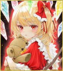  1girl blonde_hair blush bow closed_mouth commentary_request crystal crystal_wings flandre_scarlet hair_bow hugging_doll hugging_object long_hair looking_at_viewer marker_(medium) multicolored_wings one_side_up red_bow red_eyes s.mamiya solo stuffed_animal stuffed_toy teddy_bear touhou traditional_media upper_body watermark wings 