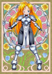  1girl arm_guards armor armored_boots black_bodysuit blonde_hair blue_eyes blue_flower blue_rose blush bodysuit boots breastplate bridal_gauntlets choppy_bangs commentary_request dot_nose floral_background flower full_body hiro68 holding holding_sword holding_weapon janne_d'arc long_hair one_eye_closed pauldrons pelvic_curtain rose shiny_clothes shoulder_armor sleeveless sleeveless_bodysuit smile solo standing straight-on sword tabard very_long_hair weapon whip_sword white_tabard world_heroes yellow_flower yellow_rose 